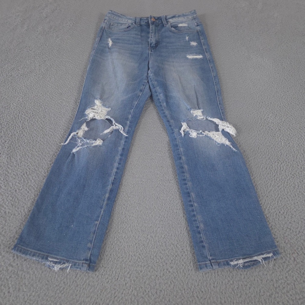 Flying Monkey Jeans Women 27 Blue Ankle Straight Distressed Ripped Raw Hem Denim